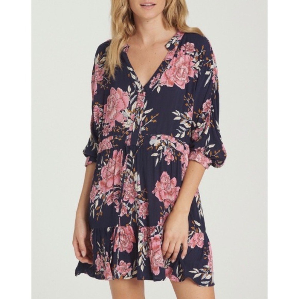 Billabong Women's Marry Mine Navy Floral Long Sleeve Tie‎ Waist Mini Dress Small